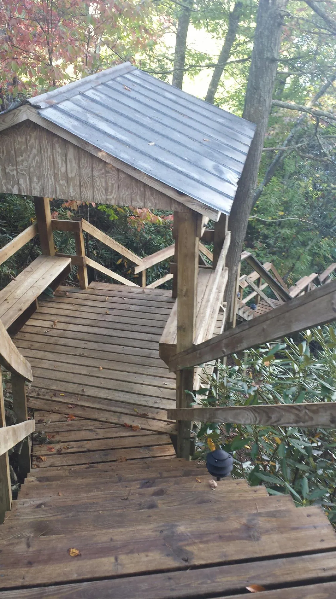 Metal roofed shelter over wooden steps on a wooded walkway — Skylight Repair & Installation work by our crew in Bremo Bluff